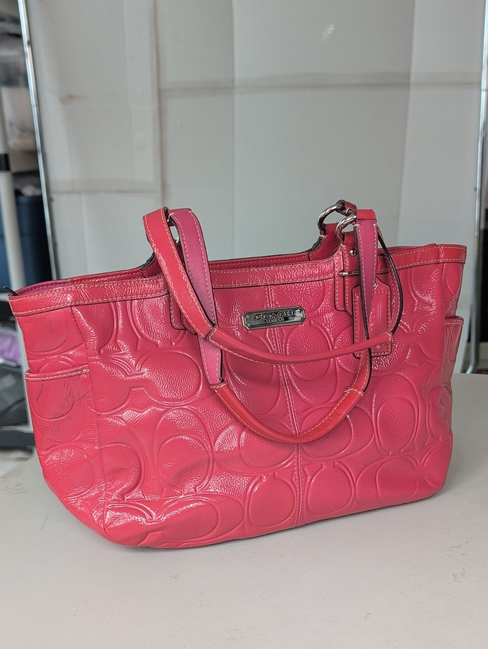 Coach Salmon Embossed Signature Shoulder Bag Colorful Chic Lightweight Roomy